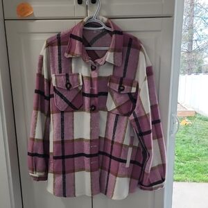 Pink & Cream Plaid Utility Shacket Jacket
